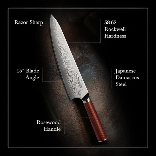 Vista 2 de Hammer Stahl Cuchillo de chef de Damasco de 9 pulgadas Cuchillo de cocina profesional con mango de palisandro Cuchillo de cocina de Damasco