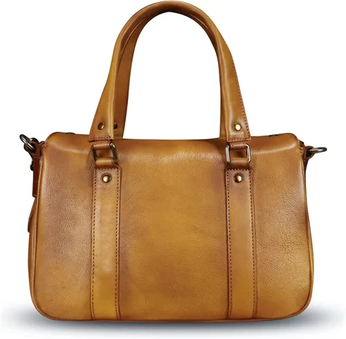 Vista 3 de Bolso de cuero genuino para mujer, estilo retro, hecho a mano, con asa superior, bolso de hombro, bolso cruzado de diseñador