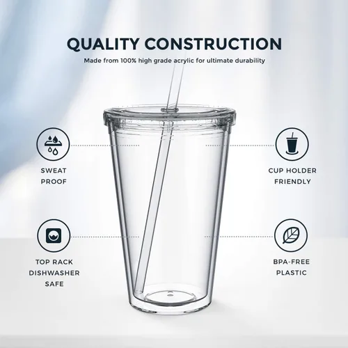 Vista 5 de Maars - Vaso transparente clásico con tapa y pajilla, acrílico prémium de 16 onzas, vasos reutilizables de plástico de doble pared con aislamiento