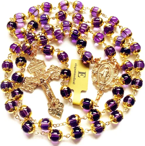 Vista 3 de elegantmedical HECHO A MANO ORO NATURAL 8MM AMATISTA CUENTAS ROSARIO CRUZ CATÓLICO COLLAR CAJA DE REGALO, Cristal