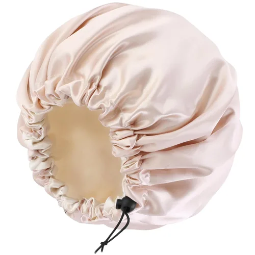Vista 16 de Gorro de seda de satén para cabello rizado, gorro trenzado para dormir, para mujer, grande, doble capa ajustable (2 unidades, negro) Double Layer