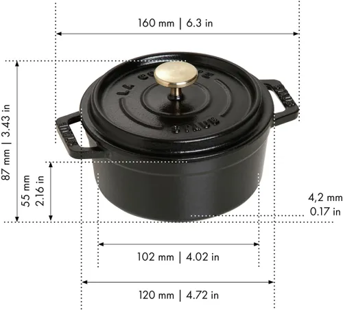 Vista 3 de STAUB - Olla de hierro fundido para horno holandés de 0.5 cuartos, redonda, hecha en Francia, para 1 persona, color negro mate