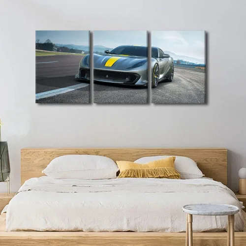 Vista 150 de Arte de pared de auto deportivo rojo para sala de estar, arte de pared de lienzo de súper auto genial, imágenes pósters, 3 piezas, arte moderno