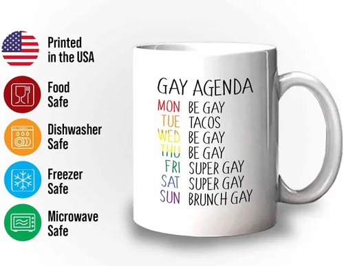 Vista 3 de Bubble Hugs Taza de café del mes del orgullo, agenda gay, planificador semanal Rainbow Queer LGBTQ Lesbiana Gay Pride LGBT Aliado Soporte 11oz Blanco