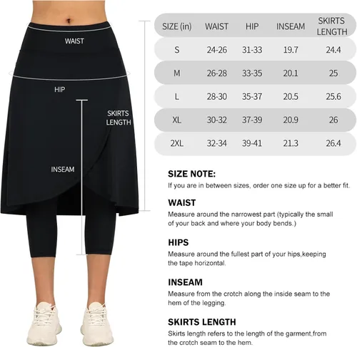 Vista 6 de ANIVIVO Falda de 24 pulgadas hasta la rodilla para mujer con leggings capri, leggings largos deportivos casuales con falda con bolsillos
