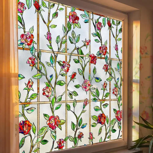 Vista 10 de Lámina de privacidad para ventana Windimiley con diseño de vidrio manchado: adhesivo estático decorativo floral 3D arcoíris con control de calor