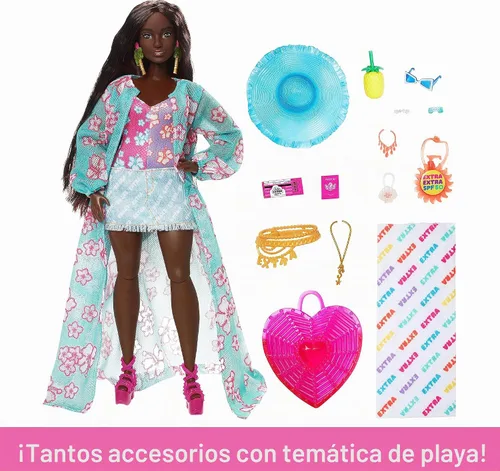Vista 3 de Muñeca Barbie Extra Fly con ropa y accesorios de viaje con temática de playa, cubretodo tropical con sombrero y bolso de gran