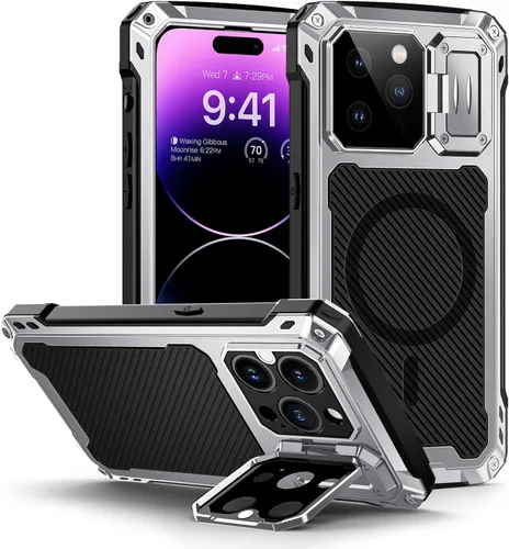 Vista 8 de Lanhiem Funda magnética de metal para iPhone 14, soporte de cámara integrado y protector de pantalla de cristal, resistente a prueba de golpes