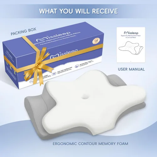 Vista 9 de Almohada cervical para el cuello, almohadas de espuma viscoelástica para aliviar el dolor de cuello y hombros, almohada ergonómica de 2 alturas