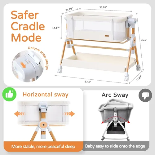 Vista 5 de Moisés de bebé 3 en 1, moisés de cabecera/mecedora para bebé, cuna de cabecera con ruedas bloqueables, colchón impermeable, 6 alturas ajustables
