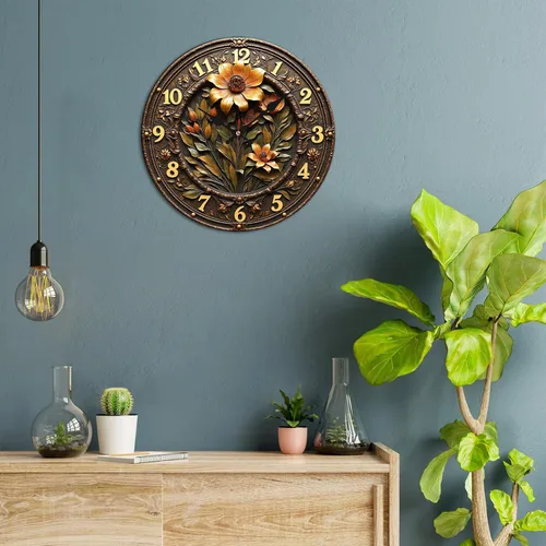 Vista 2 de Reloj de pared de madera de flor ornamentada de bronce con detalle grabado en relieve 9.8x9.8 in
