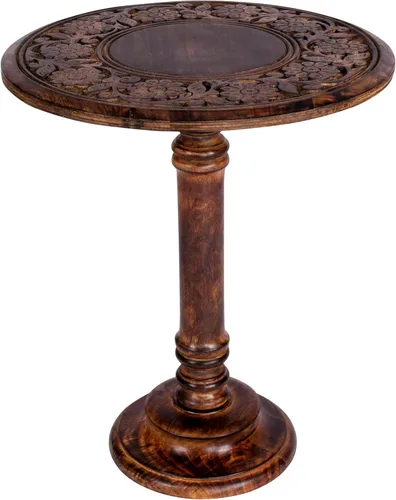 Vista 20 de Mesa auxiliar de madera de mango tallada a mano – Mesa auxiliar redonda de pedestal de 18 x 22 pulgadas para sala de estar, mesita de noche