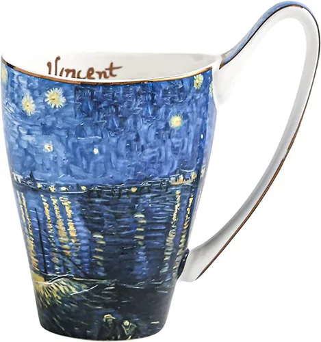 Vista 11 de Taza de café de porcelana de hueso YBK Tech, taza grande de 16oz de té - Diseño inspirado en las pinturas de Van Gogh (flor de albaricoque)