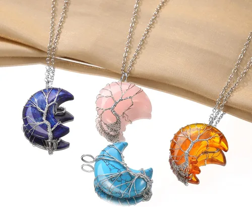 Vista 4 de Bestyle Collar de cristal curativo envuelto en árbol de la vida colgante de piedra natal de 12 meses para parrillas de mujer joyería de piedras
