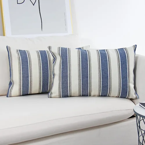 Vista 6 de JOJUSIS - Paquete de 2 fundas para cojines, diseño a rayas, estilo casa de campo, 16 x 16 pulgadas, azul