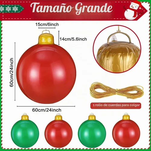 Vista 2 de 4 adornos inflables de Navidad de 24 pulgadas, bolas de Navidad colgantes de gran tamaño, decoraciones de Navidad al aire libre para Navidad verde
