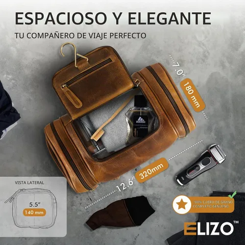 Vista 2 de ELIZO Neceser de cuero genuino para hombre, Antiguo