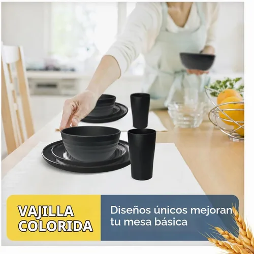 Vista 4 de Teivio Juego de platos y cuencos de 60 piezas para 6, cubiertos negros
