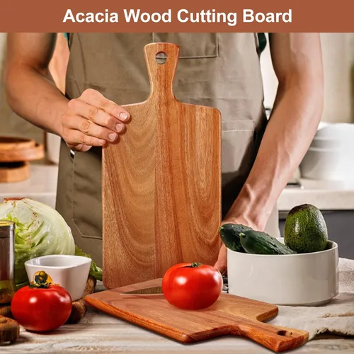 Vista 5 de Tabla de cortar de madera de acacia con mango para cocina, tablas de cortar de madera pequeñas para fruta, queso, pan, carne, charcutería, servir