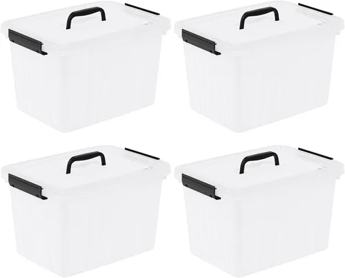 Vista 7 de Paquete de 4 cajas de almacenamiento de plástico, contenedores de almacenamiento con tapa con asa, 20 L, transparentes