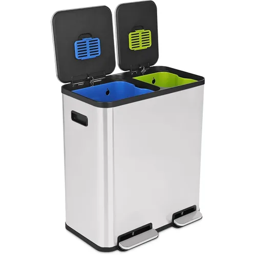Vista 14 de Cubo de basura rectangular de 70 litros/18.5 galones con pedal, sin contacto manual, doble compartimento para reciclaje de cocina, con tapa Acero