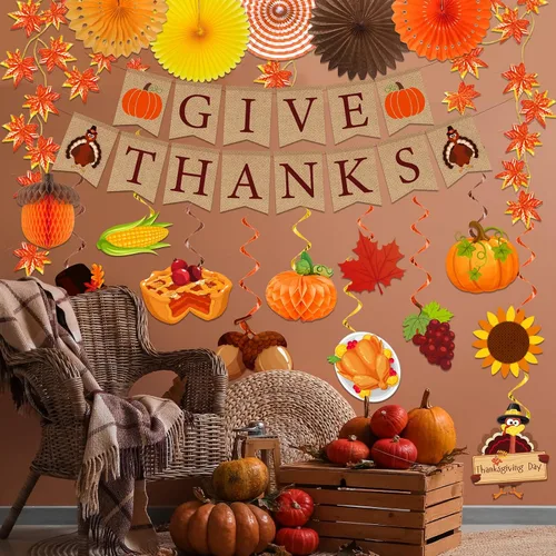 Vista 3 de Decoraciones de Acción de Gracias, pancarta de agradecimiento y calabaza, pavo, remolinos colgantes, guirnalda de hojas de arce, decoración temática