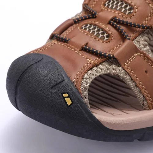 Vista 6 de Harssidanzar Sandalias de senderismo de cuero para hombre, zapatos acuáticos de verano, puntera cerrada, sandalias deportivas ligeras para caminar