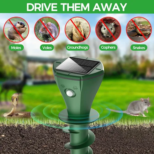 Vista 2 de Repelente de topos alimentado por energía solar, repelente de topos, repelente de marmotas para exteriores, repelente ultrasónico impermeable IP65