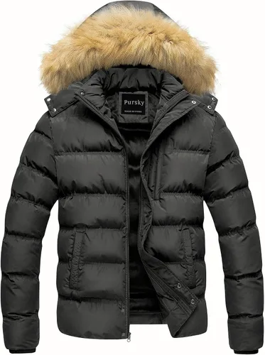 Vista 12 de Pursky Chaqueta de plumón impermeable para hombre, abrigos de invierno con capucha de piel para esquiar, parka con capucha de piel Verde militar