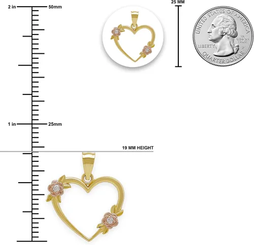 Vista 3 de Charm America - Corazón simple de oro con dije de rosas de circonita cúbica, oro macizo de 10 quilates, Zirconia cúbica