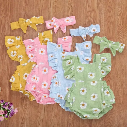 Vista 2 de Bebé Niñas Impresión Margarita Algodón Lino Volantes Sin Mangas Mameluco Mono Mono con Headaband Ropa Infantil Verano
