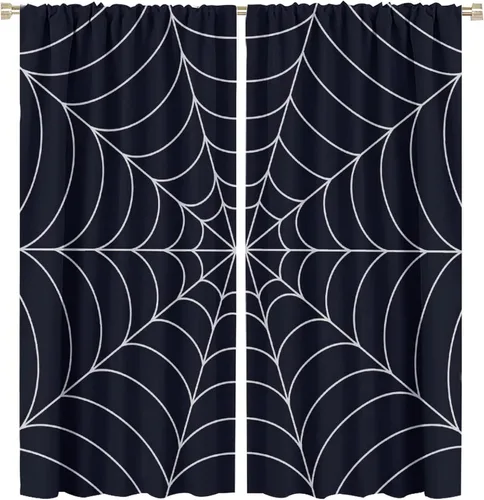Vista 61 de Cortinas opacas de tela de araña aterradora para niños, tela de araña en blanco y negro, fondo rojo, dormitorio de niños, guardería, decoración