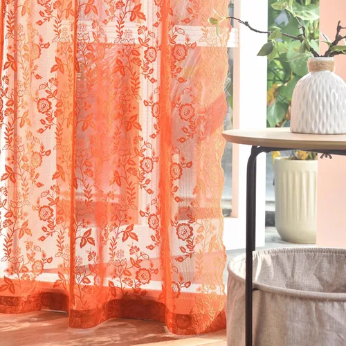 Vista 37 de FINECITY 2 paneles de cortinas de encaje beige de 36 pulgadas de largo con hojas florales rústicas, cortinas cortas y transparentes para ventana