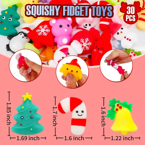 Vista 2 de Paquete de 30 juguetes esponjosos de Navidad, regalos de Navidad, regalos de Navidad, mini juguetes sensoriales Kawaii, juguetes sensoriales