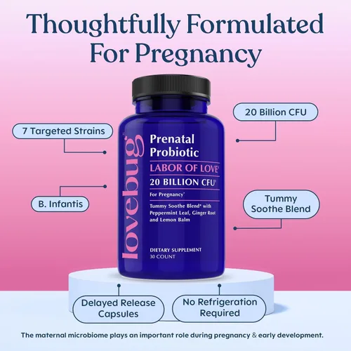 Vista 4 de LOVEBUG Probiótico prenatal Ayuda con las náuseas, la acidez estomacal y la digestión Ayuda al microbioma del bebé Variedad múltiple de 20 mil