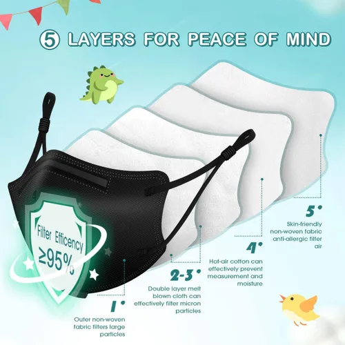 Vista 6 de Mascarillas protectoras KN95 para niños, paquete de 15, máscaras respiradoras desechables de 5 capas con cintas elásticas ajustables para las orejas