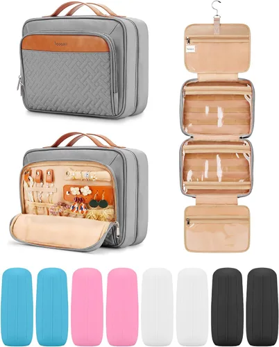 Vista 25 de Bolsa de aseo colgante de viaje para mujeres y hombres, con 6 cubiertas de botellas de silicona a prueba de fugas, accesorios impermeables