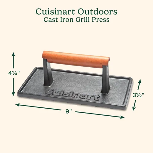 Vista 2 de Cuisinart Prensa de parrilla de hierro fundido con mango de madera, prensa rectangular antiadherente resistente para hamburguesas con mango