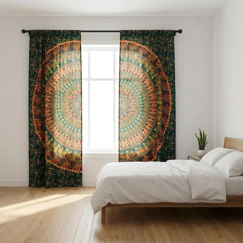 Vista 13 de Popular Handicrafts Cortinas hippie azul con mandala de camello de 100 pulgadas de largo para sala de estar o dormitorio, juego de 2 paneles