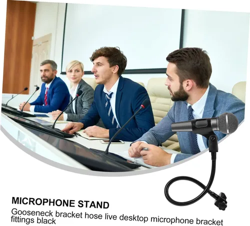 Vista 8 de Soporte de micrófono de cuello de cisne ajustable para escritorio, transmisión en vivo, soporte de micrófono negro, brazo flexible y base compatible