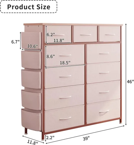 Vista 37 de Cómoda de almacenamiento de tela con 11 cajones para organización del dormitorio, cómoda con estantes profundos, bolsillos laterales y ganchos, Negro