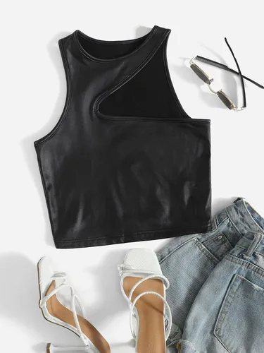 Vista 5 de SheIn Camiseta corta sin mangas asimétrica de piel sintética con cuello redondo para mujer