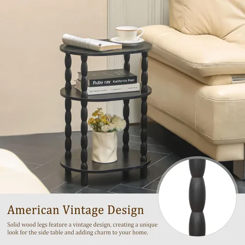 Vista 5 de MaxSmeo Mesa auxiliar negra, mesa auxiliar ovalada pequeña de 3 niveles, mesita de noche moderna, mesa decorativa de madera para sala de estar, Negro