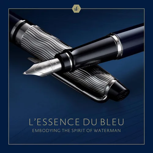 Vista 2 de Waterman Pluma estilográfica Expert Metal y laca azul Tapa cincelada Punta mediana de acero inoxidable Tinta azul Caja de regalo