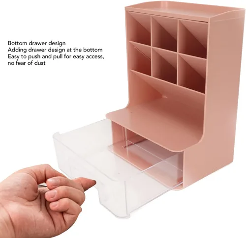 Vista 6 de Wnvivi Organizador de bolígrafo inclinado, soporte para bolígrafo de escritorio, soporte para brochas de maquillaje con cajón, organizador Rosa