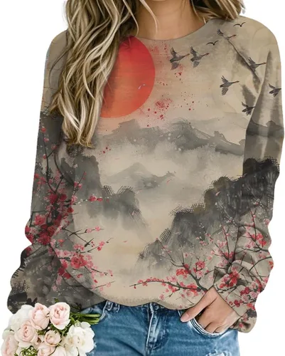 Vista 21 de ZOCANIA Sudaderas para mujer, sin capucha, manga larga, cuello redondo, estampado floral, ajuste holgado