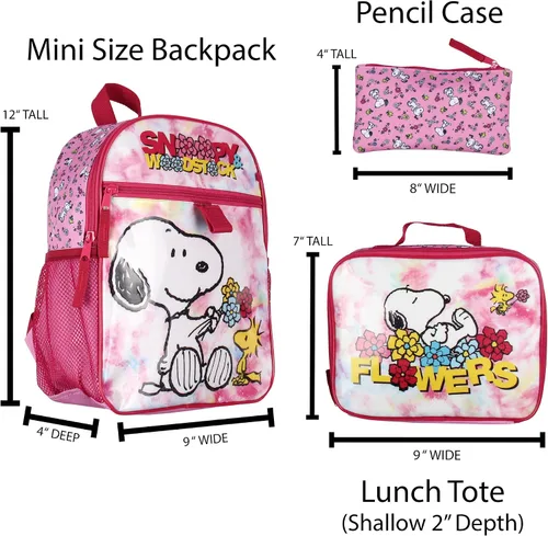 Vista 2 de INTIMO Peanuts Snoopy Woodstock Flower Character 3 PC Mini Mochila Caja de almuerzo Estuche para lápices
