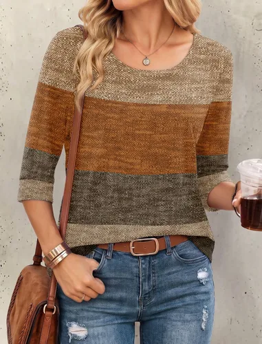 Vista 3 de Ekouaer Camisetas básicas casuales de manga 3/4 para mujer, cuello redondo Rayado Caqui