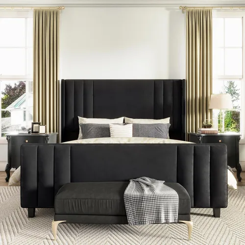 Vista 3 de AMERLIFE Armazón de cama tamaño Queen, plataforma tapizada de terciopelo con cabecera capitonada de canal vertical y pie de cama/respaldo alto, base