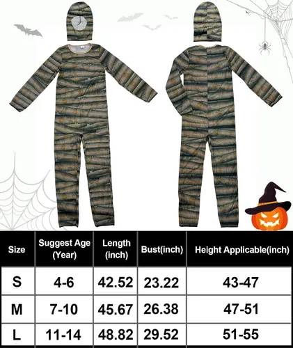 Vista 3 de Camlinbo Halloween Mummy Costume for Kids Girls Boys Mysterious Egyptian Mummy Suit Cosplay Outfit Halloween Party Dress Up